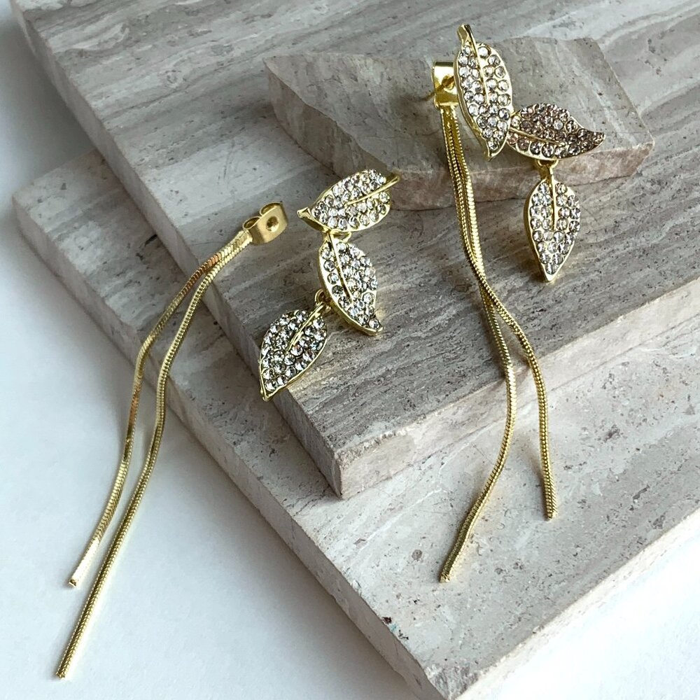 NEW ~ Anthropologie Crystal Leaf Chain Drop Gold Earrings